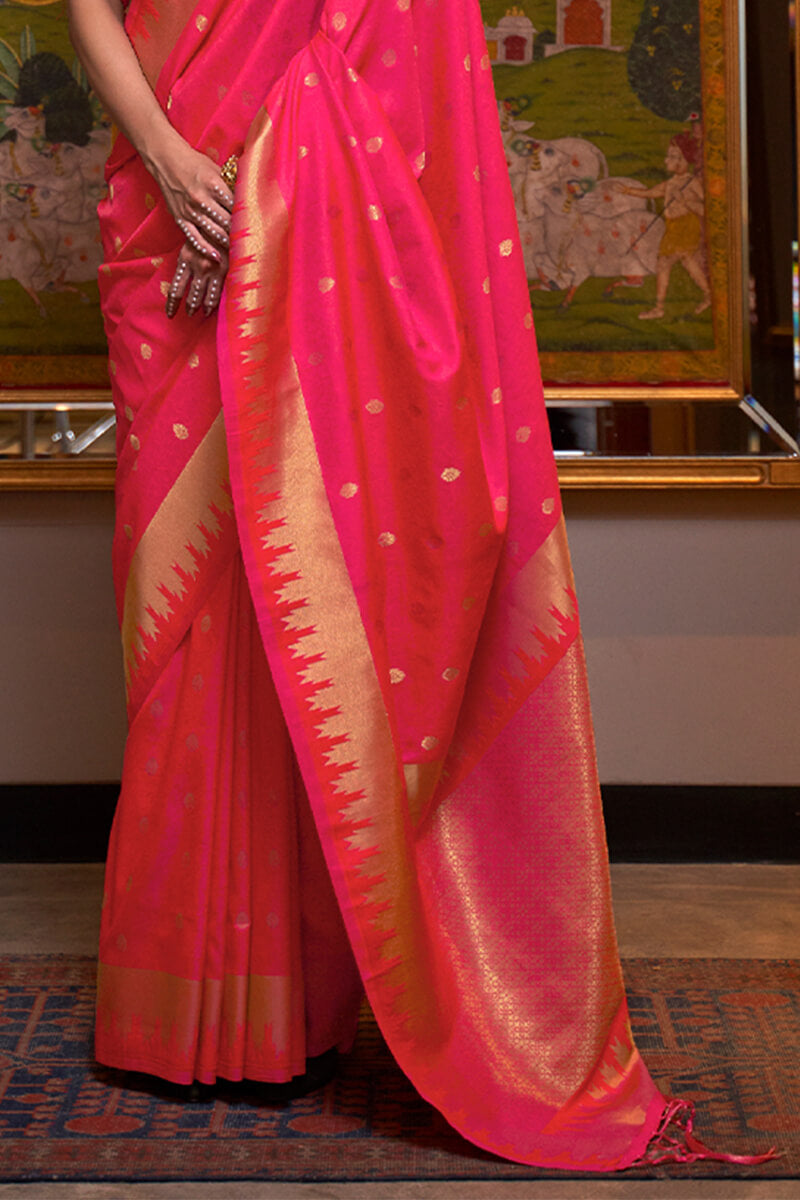 Warm Pink Zari Woven Banarasi Silk Saree