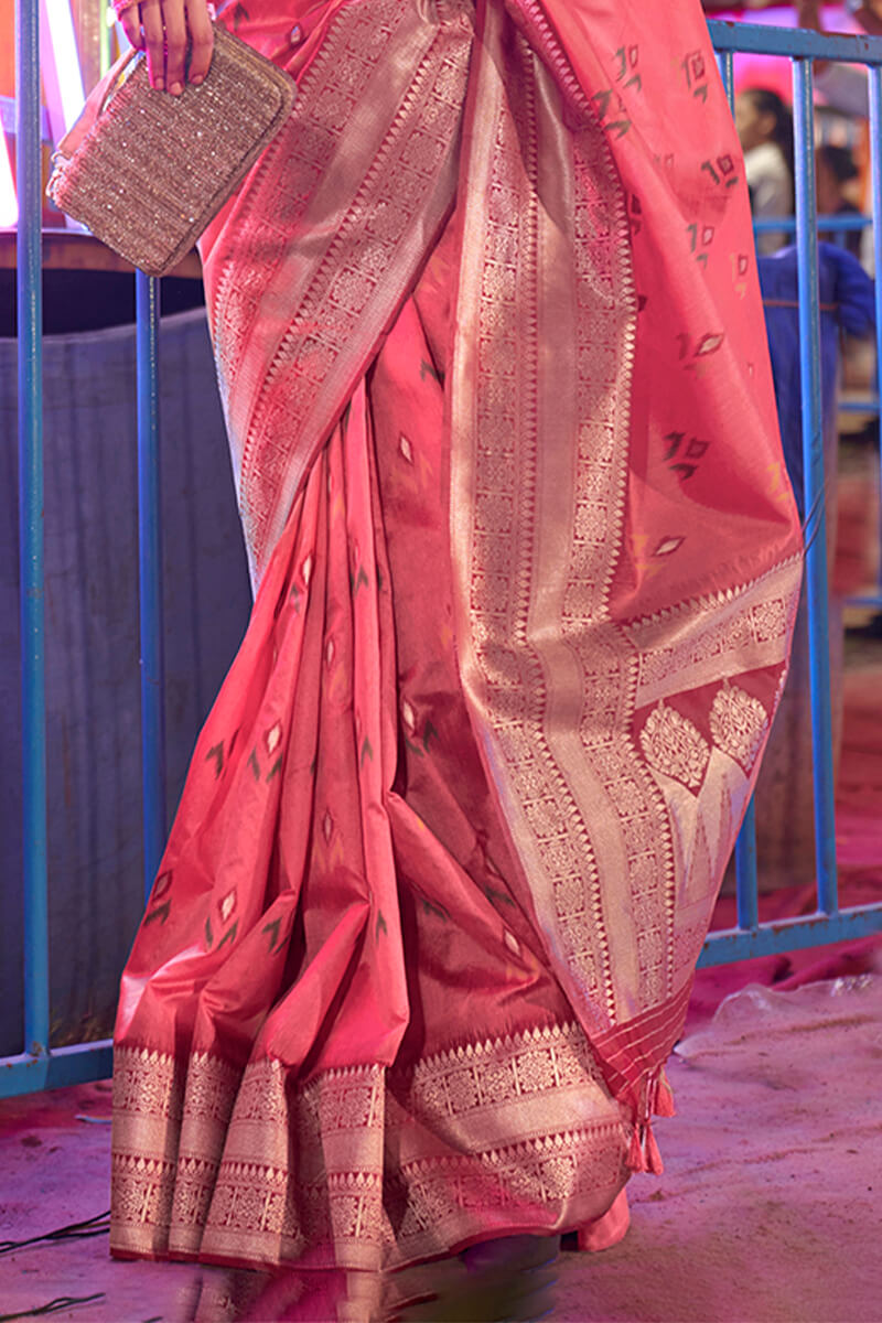 Watermelon Pink Handloom Woven Soft Banarasi Silk Saree