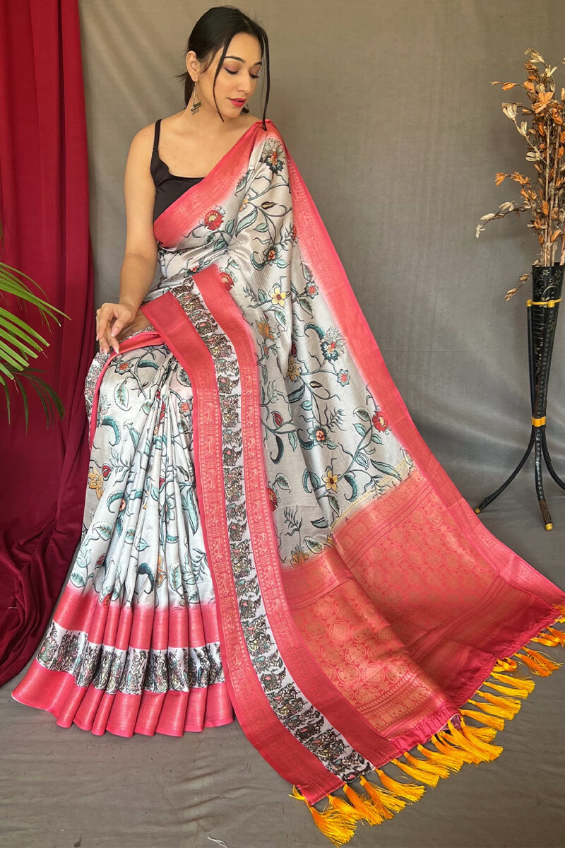 Westar White Zari Woven Printed Soft Silk Saree