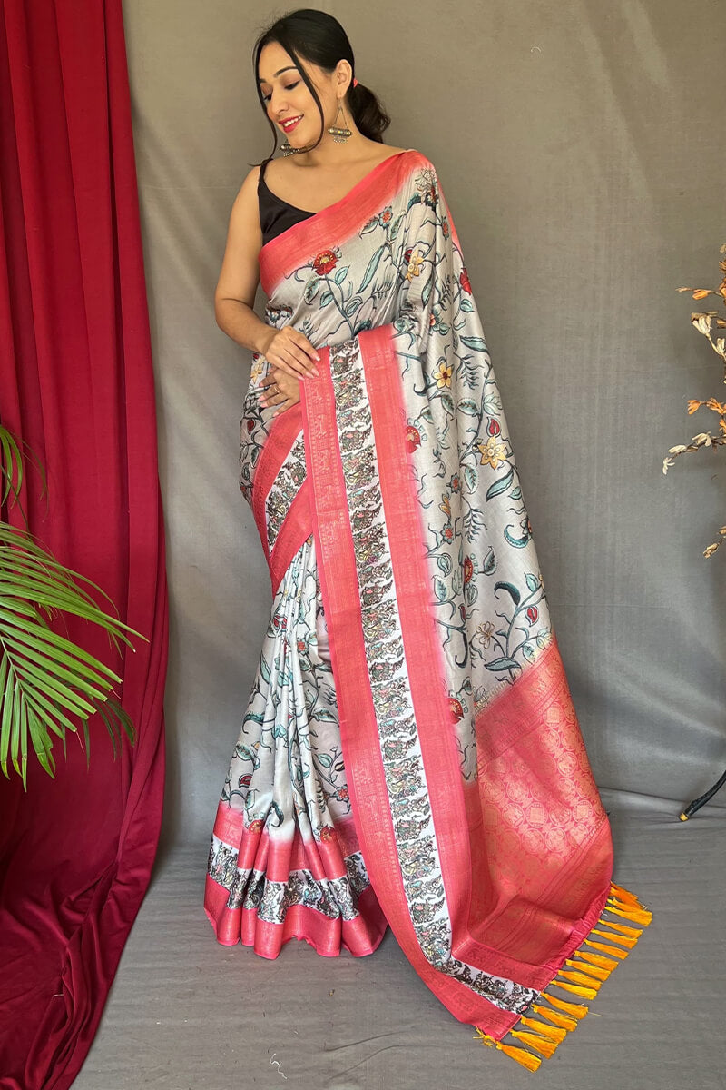 Westar White Zari Woven Printed Soft Silk Saree