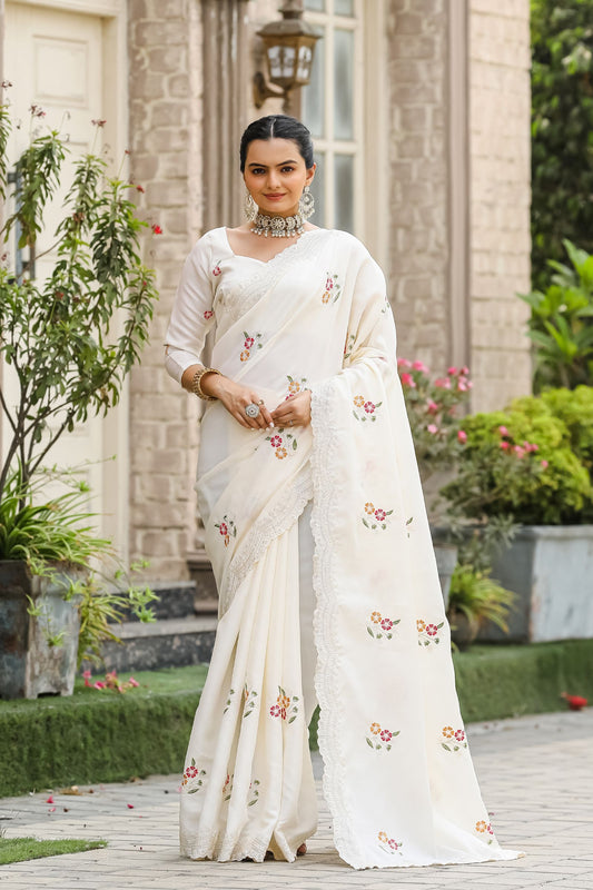 White Floral Embroidered Tussar Cotton Saree