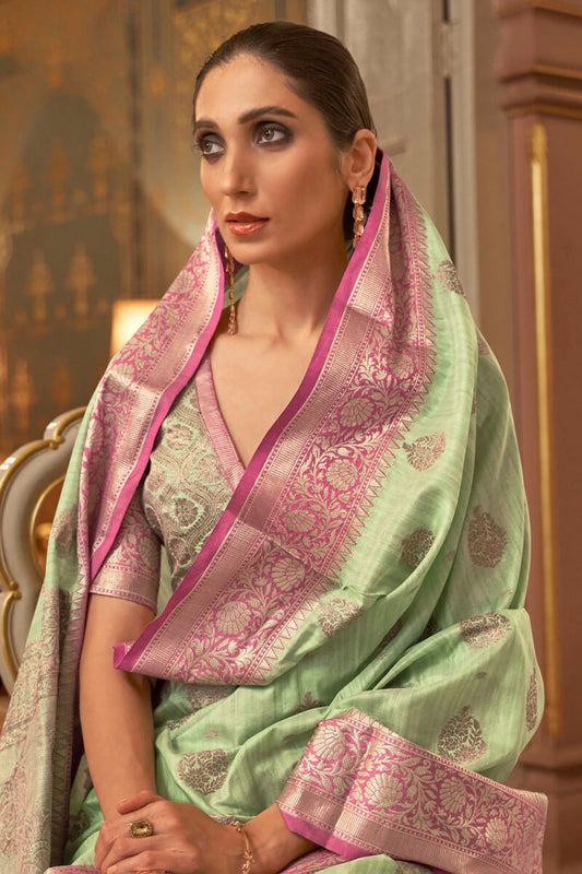 Wild Willow Green Tussar Silk Saree