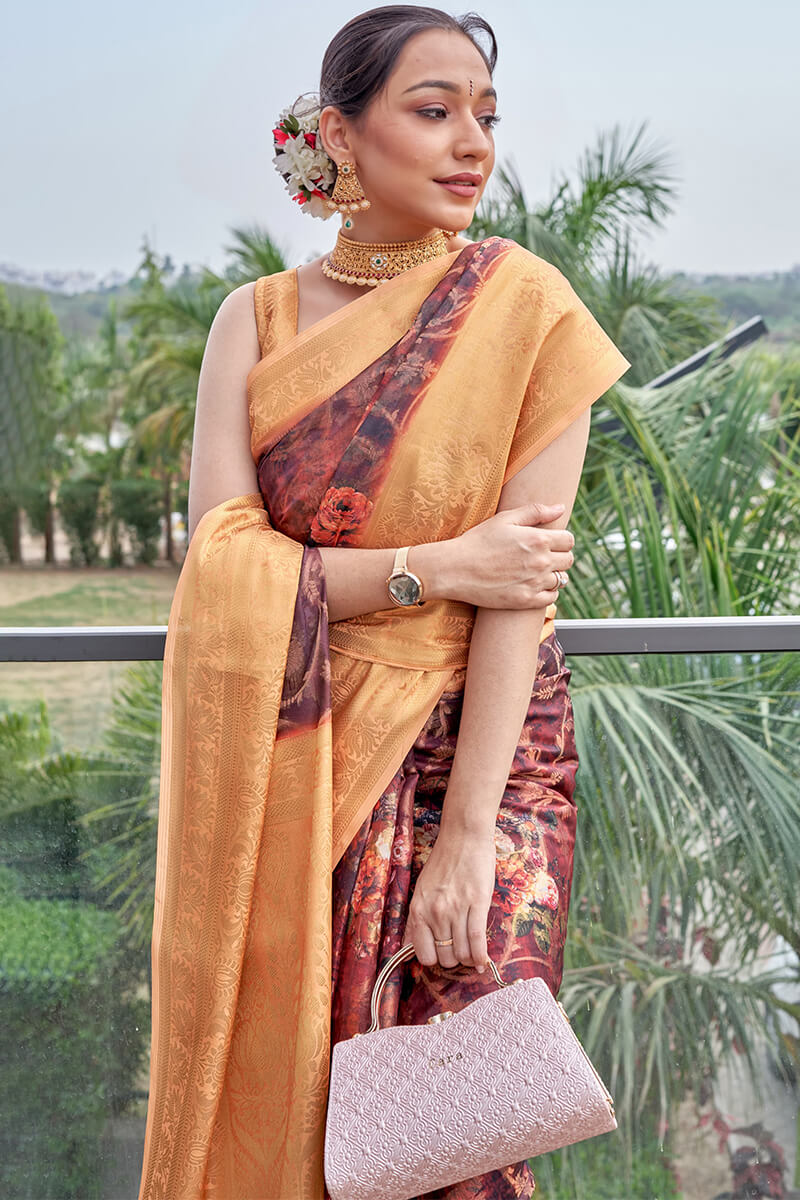 Wine Berry Printed Organza Silk Saree