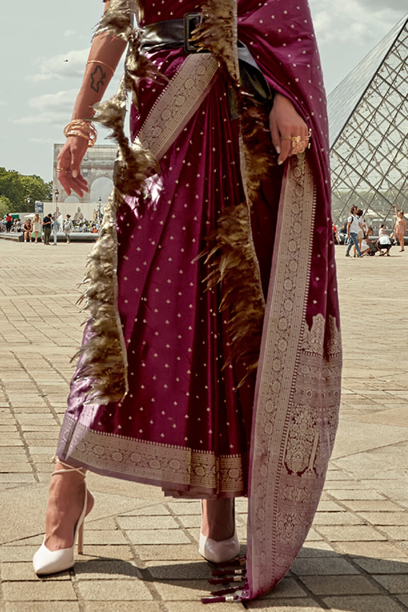 Wine Berry Zari Woven Banarasi Satin Silk Saree