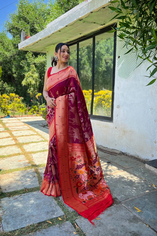 Wine Zari Woven Soft Paithani Silk Saree with Traditional Pattern