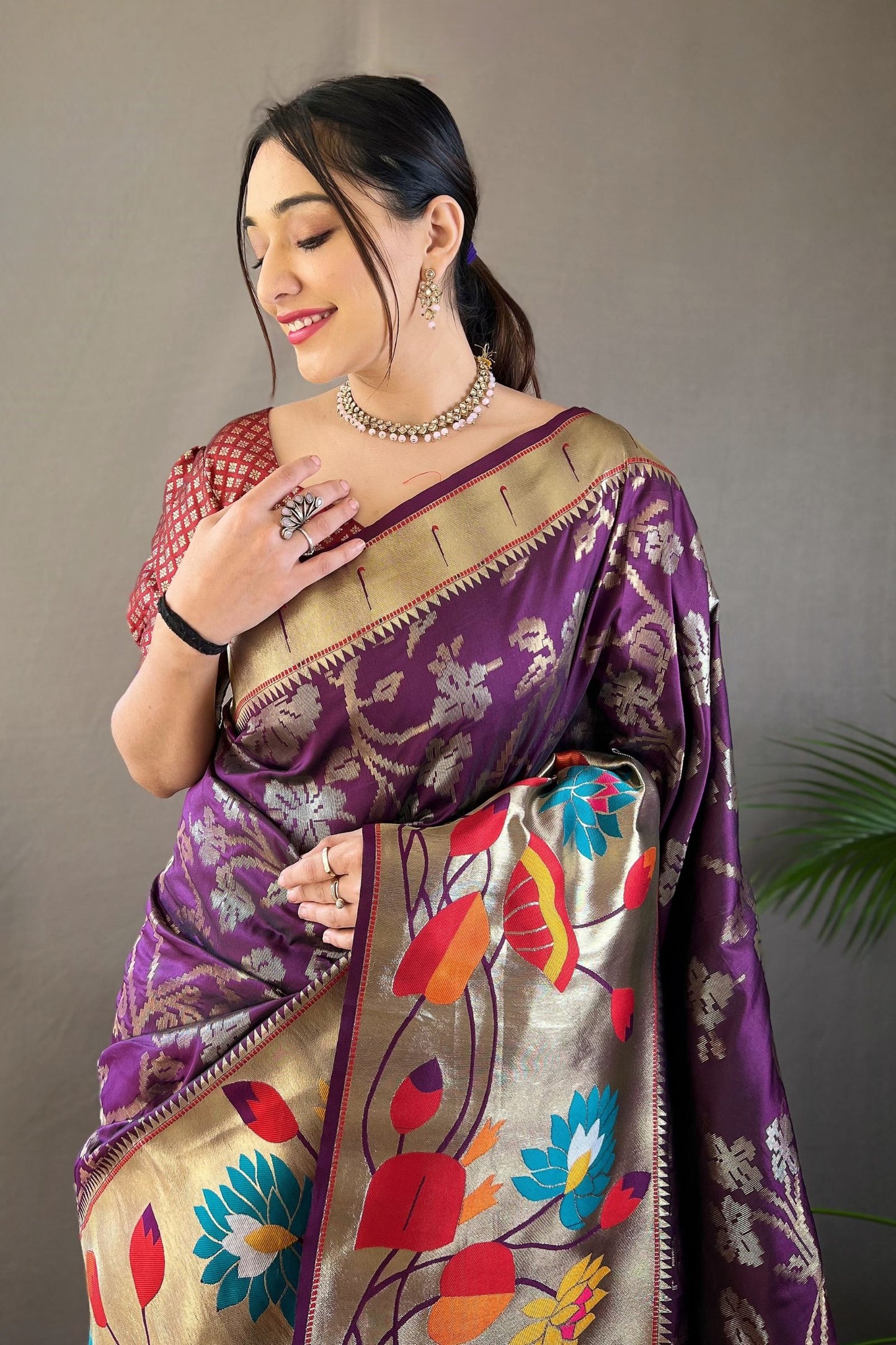 Eggplant Soft Paithani Silk Saree with Traditional Patterns