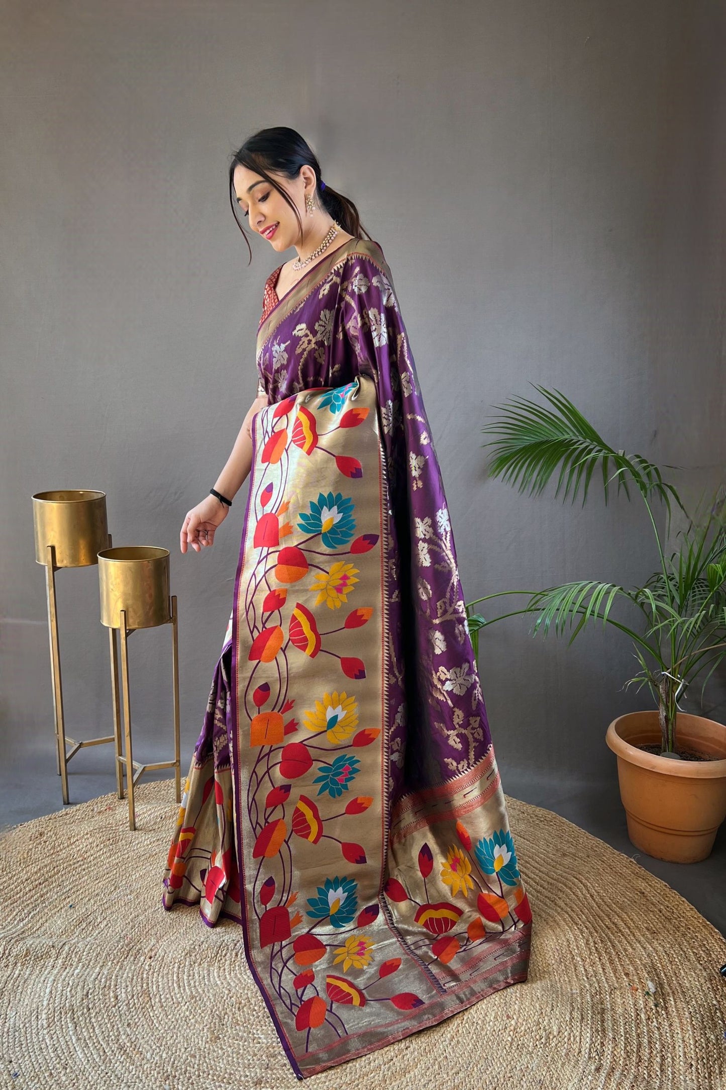 Eggplant Soft Paithani Silk Saree with Traditional Patterns