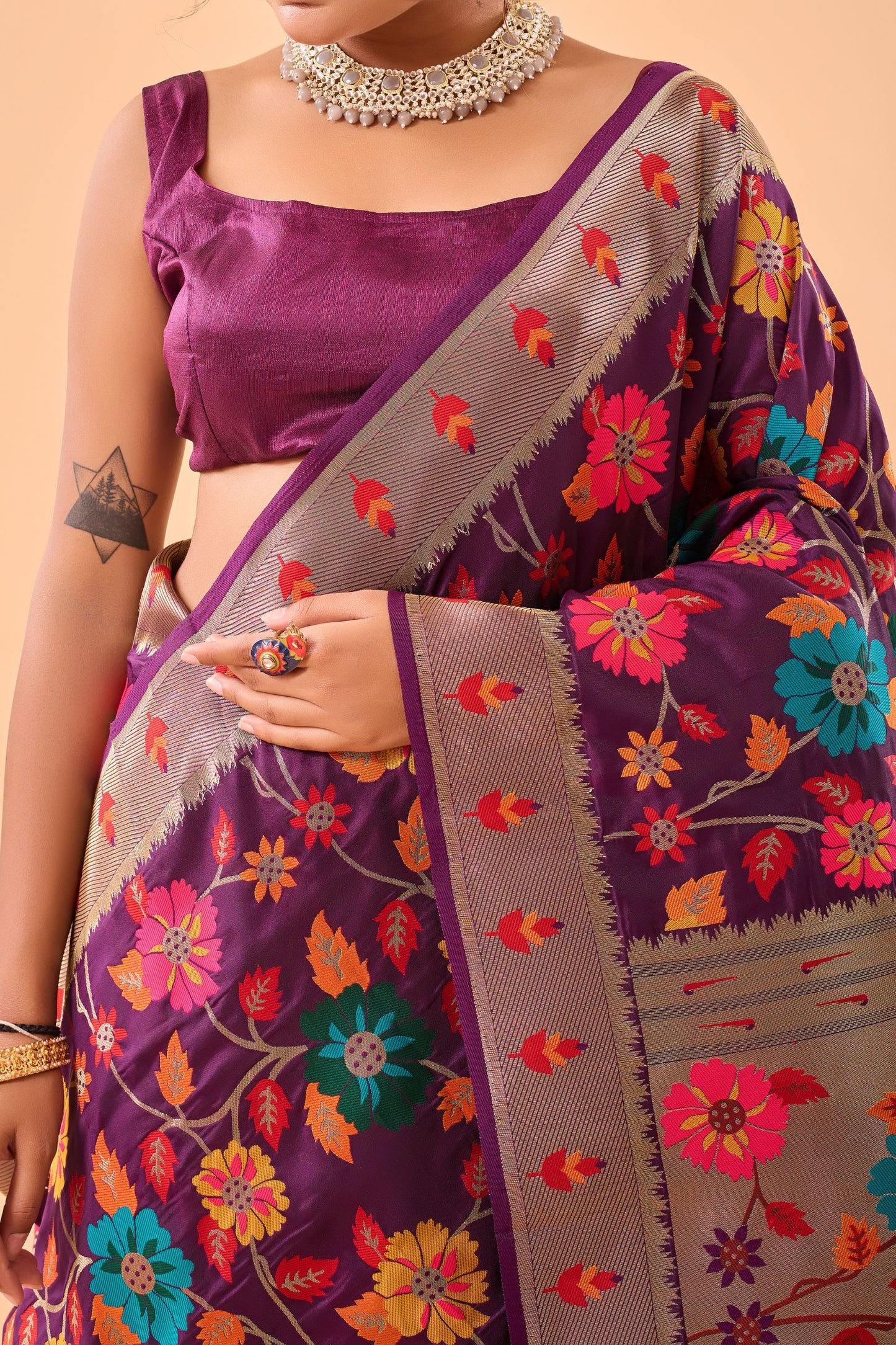 Wine Paithani Silk Saree with Royal Jaal Work