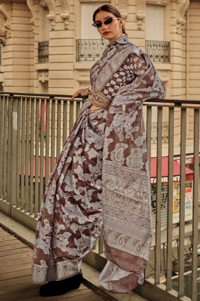 Woody Brown Lucknowi Chikankari Saree