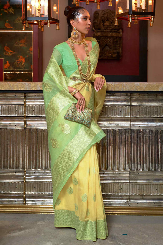 Yellow and Green Linen Silk Saree