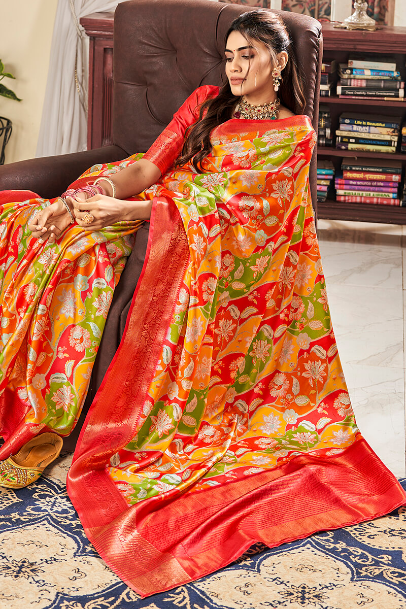 Yellow and Red Printed Satin Silk Saree