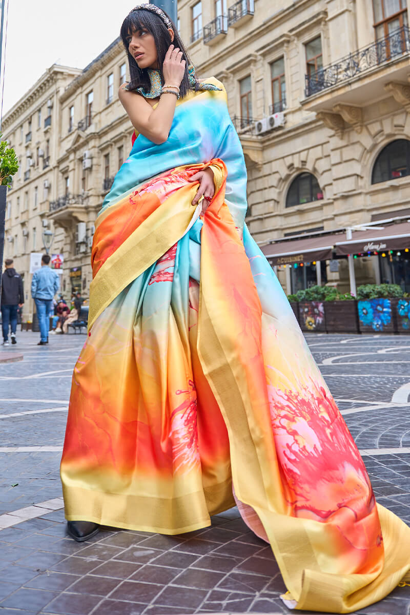 Yellow and Sky Printed Silk Saree