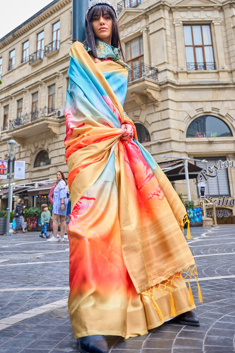 Yellow and Sky Printed Silk Saree