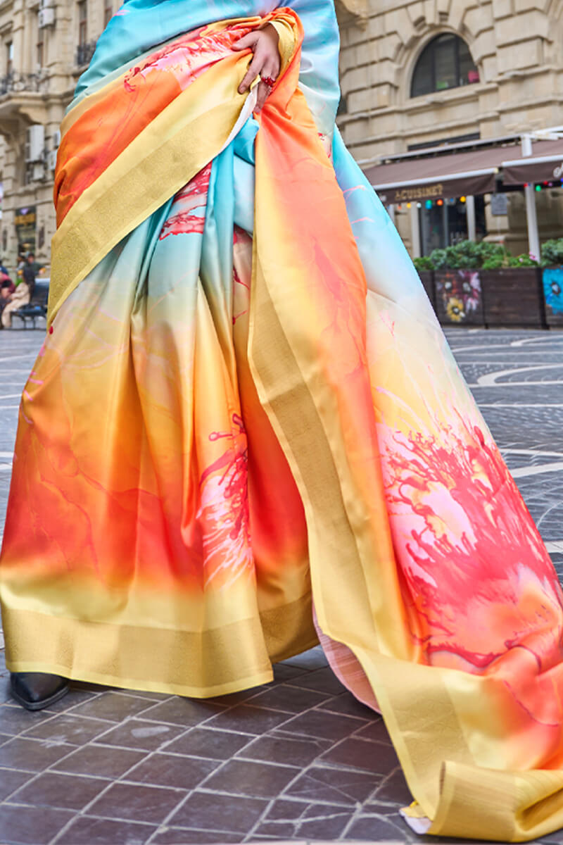 Yellow and Sky Printed Silk Saree