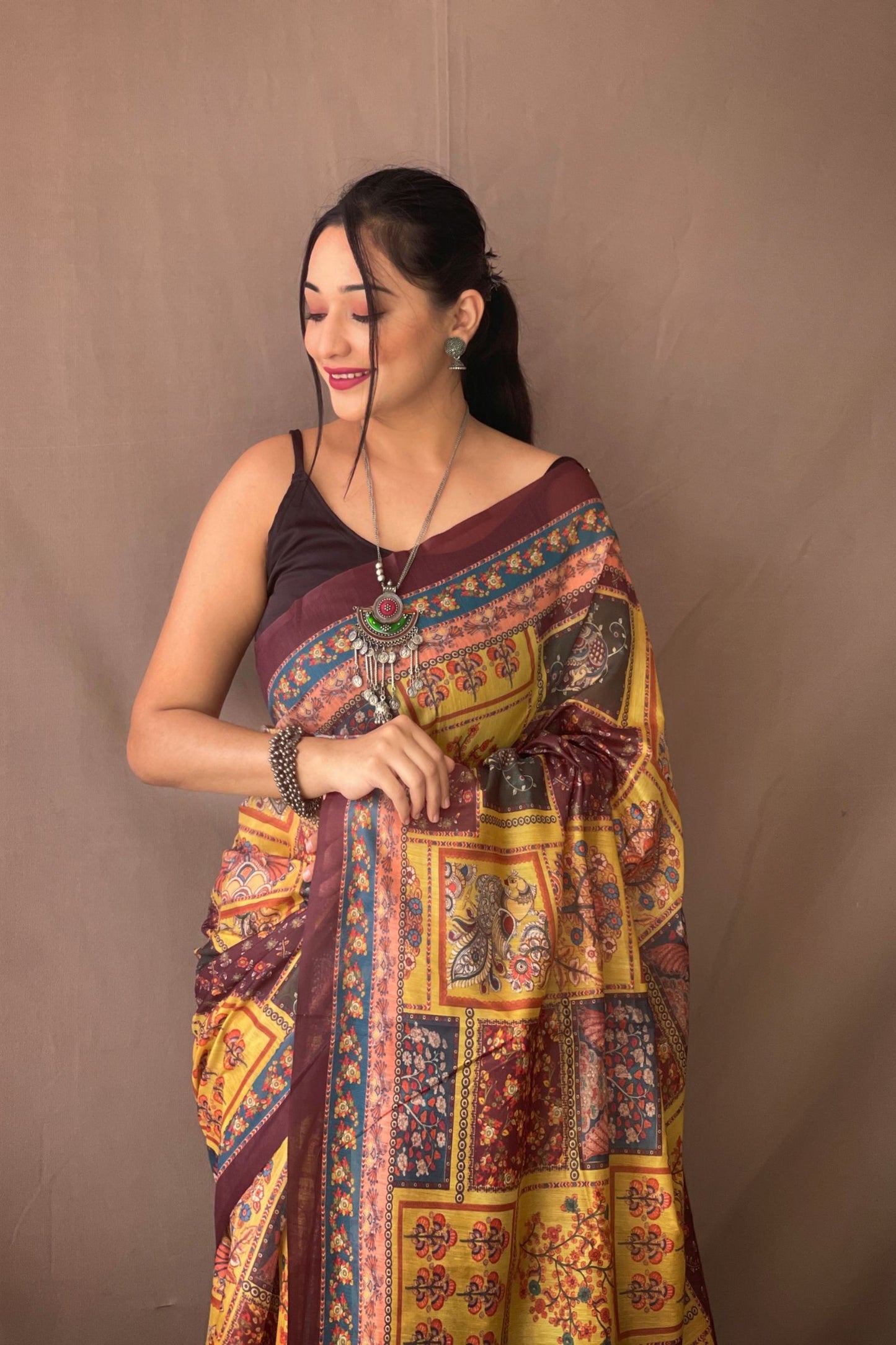 Olive Yellow Traditional Kalamkari Digital Printed Soft Cotton Saree