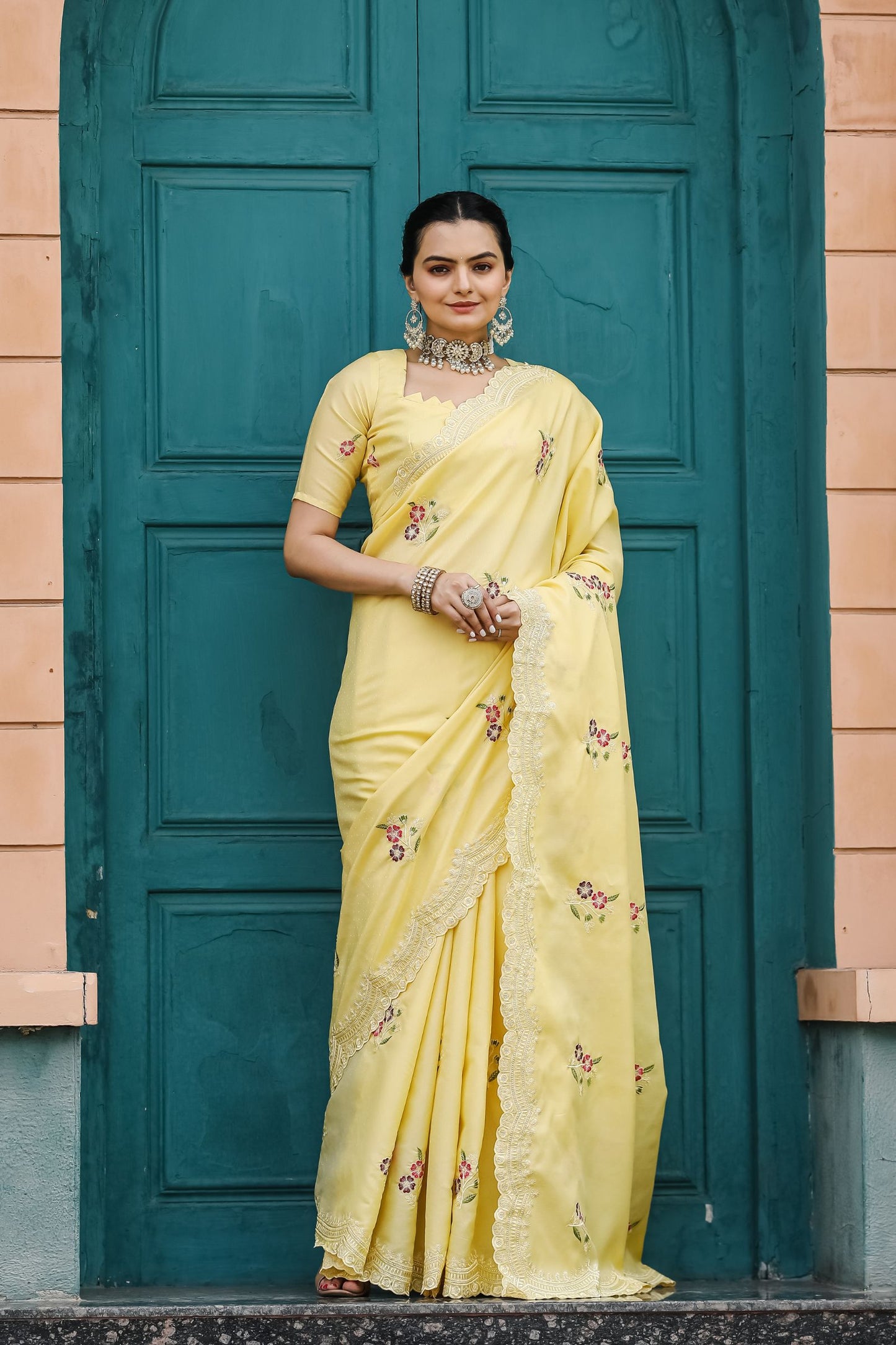 Light Yellow Floral Embroidered Tussar Cotton Saree