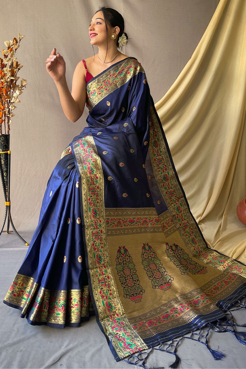 Zodiac Blue Zari Woven Paithani Silk Saree