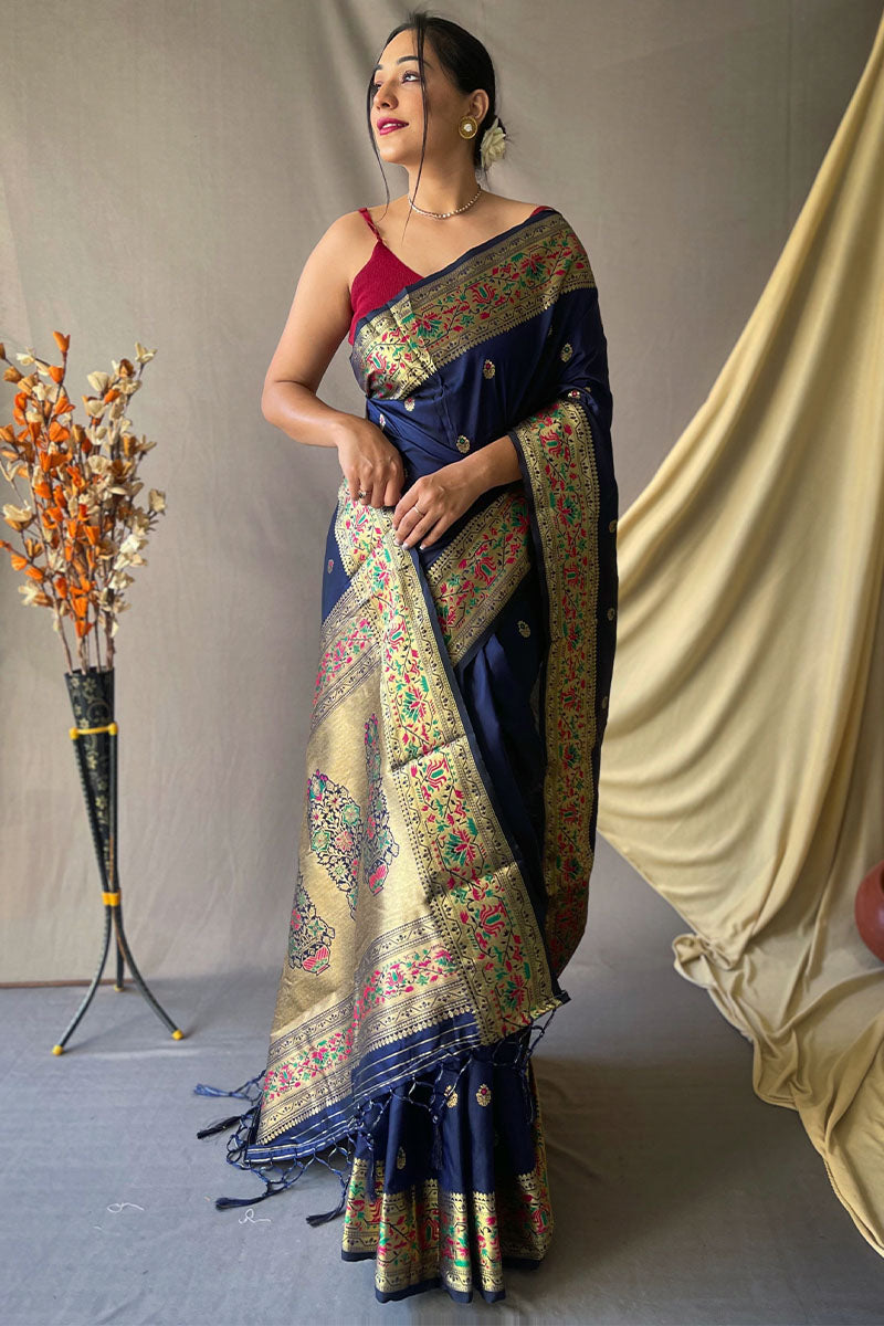 Zodiac Blue Zari Woven Paithani Silk Saree