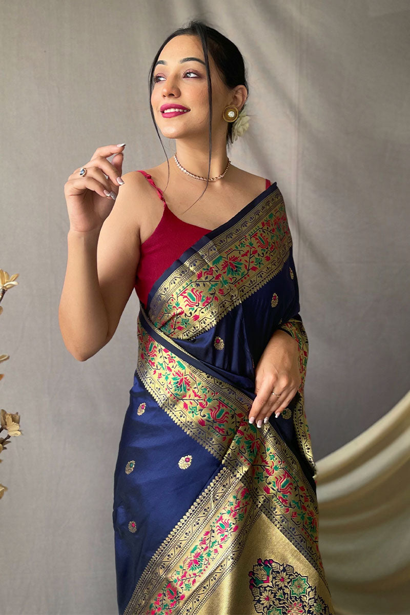 Zodiac Blue Zari Woven Paithani Silk Saree