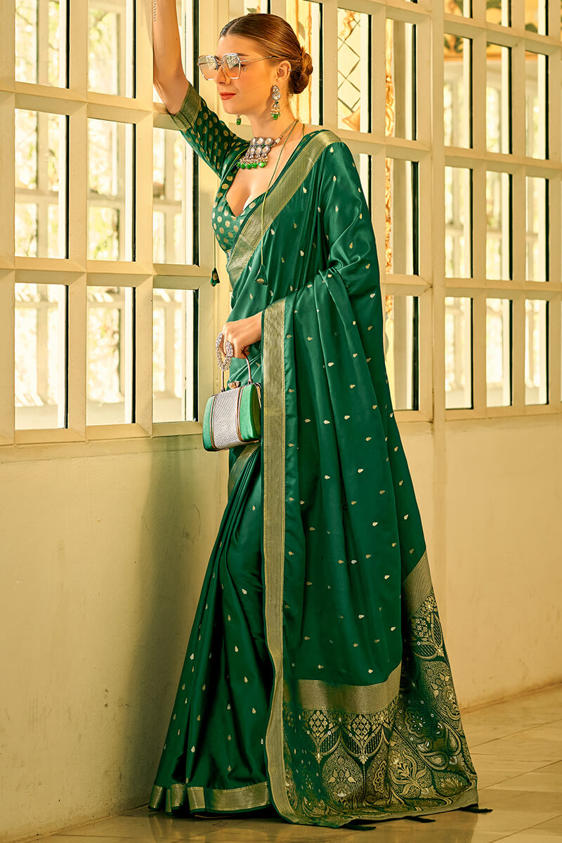 Zucchini Green Banarasi Satin Silk Saree