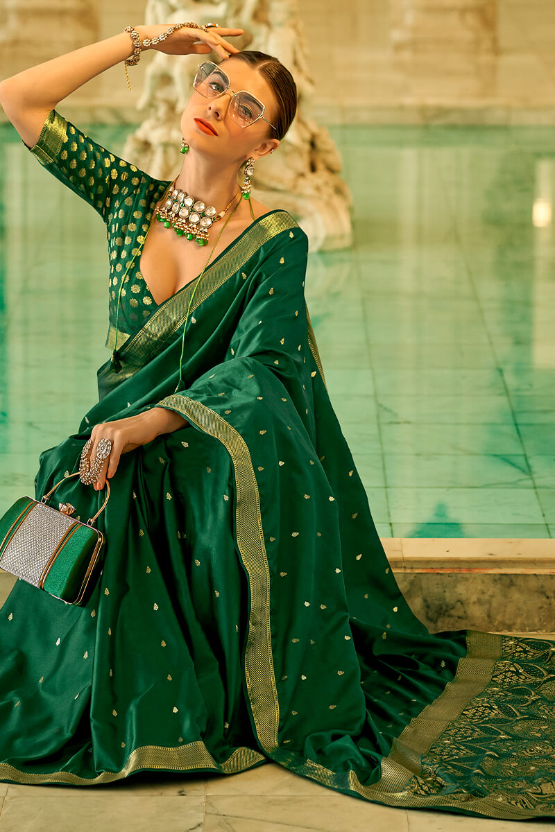 Zucchini Green Banarasi Satin Silk Saree